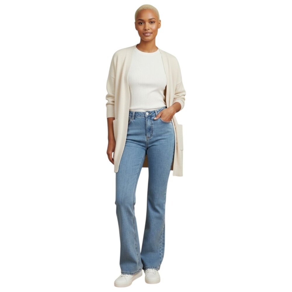 Blue High Waisted Zipper Fly 5 Pocket Flare bottom Jeans